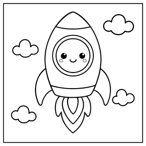 Kawaii raketa se smějícím se okénkem omalovánka - coloring page pro děti k vybarvení zdarma