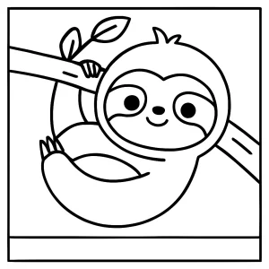 Omalovánka – coloring page s roztomilým lenochodem visícím na větvi pro děti k vybarvení