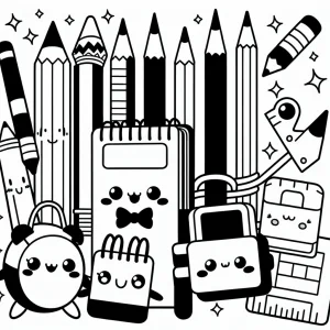 Kawaii Stationery Squad coloring page – omalovánka s tužkami, sešitem a pravítkem k vybarvení