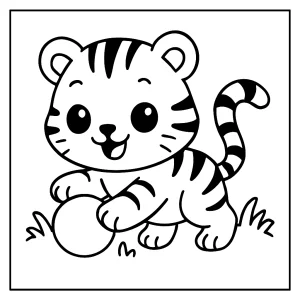 Omalovánka s kawaii tygřím mládětem při hraní, zdarma k vytištění