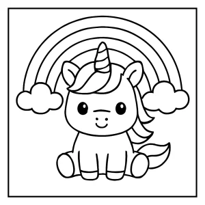 Kawaii jednorožec s duhou omalovánka – coloring page s roztomilým jednorožcem a duhou k vybarvení