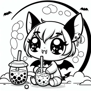 Omalovánka s kawaii upířím netopýrem popíjejícím boba čaj pod svítícím měsícem