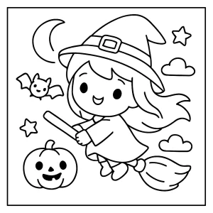 Kawaii čarodějnice na koštěti – omalovánka coloring page k vytištění zdarma