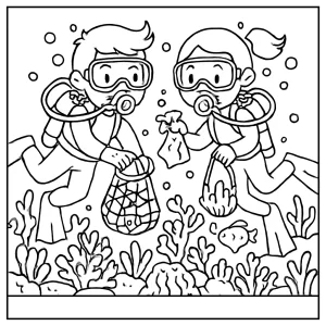 Děti uklízejí korálový útes omalovánka – coloring page s dětmi pod mořem, jak sbírají odpadky