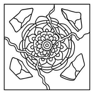 Kintsugi mandala omalovánka – stránka k vybarvení s keramickými střepy a zlatými prasklinami