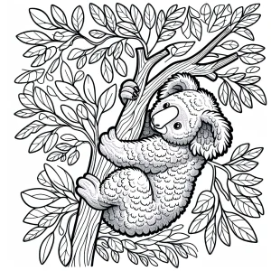 Medvídek koala visící na větvi stromu – omalovánka