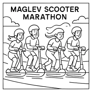 Futuristický maraton skútrů Maglev – omalovánka ke stažení zdarma, coloring page pro děti.