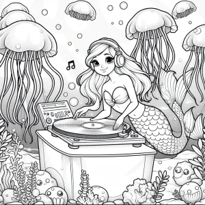 Mořská víla DJ na podvodní párty omalovánka - coloring page pro děti k vytištění zdarma