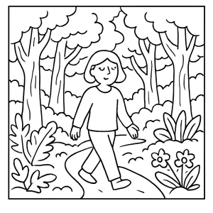 Mindfulness forest bathing trail coloring page zdarma omalovánka s lesní stezkou a klidnou přírodou