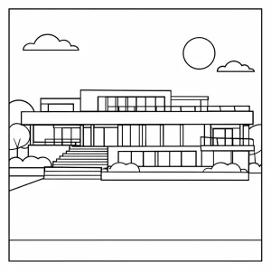 Omalovánka vily Tugendhat v Brně, minimalistické linie, modernistická architektura, omalovánka k vytištění
