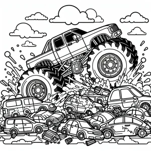 Omalovánka monster truck drtí auta, akční scéna k vybarvení zdarma