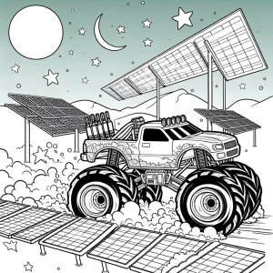 Elektrický monster truck závodící přes solární panely – omalovánka zdarma ke stažení