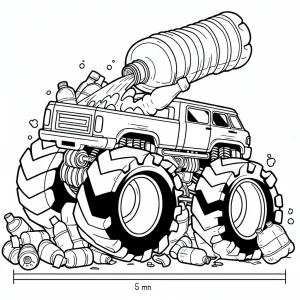 Eko monster truck drtí plastové lahve – omalovánka zdarma pro děti