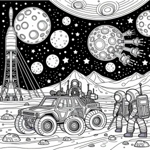 Omalovánka měsíční základna s astronauty a lunárním roverem pod hvězdnou oblohou