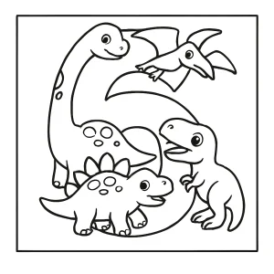Omalovánka číslo 6 tvořená dinosaury k vybarvení zdarma pro děti