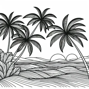Palmy u oceánu – omalovánka zdarma, coloring page s tropickou krajinou k vybarvení