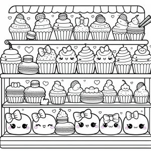 Kawaii Bakery Counter coloring page – omalovánka pekárna s cupcaky a makronkami k vybarvení zdarma