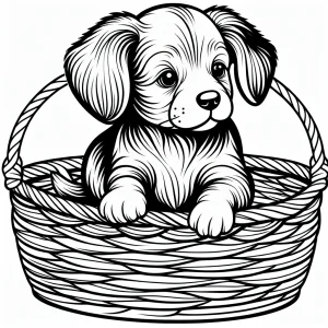 Omalovánka štěně v košíku – coloring page s roztomilým štěnětem s dlouhýma ušima v košíku pro děti