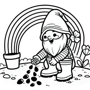 Omalovánka zahradního skřítka v gumácích, jak sází semínka pod duhou v rozkvetlé zahradě – coloring page pro děti