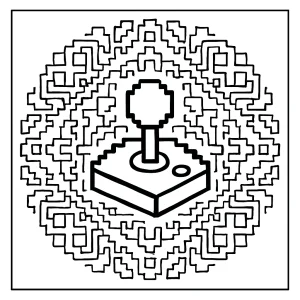 Retro 8bit pixel mandala s joystickem uprostřed - omalovánka zdarma k vytištění