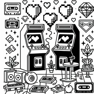 Retro 80s Arcade Party omalovánka – coloring page s arkádovými automaty a pixelovou párty
