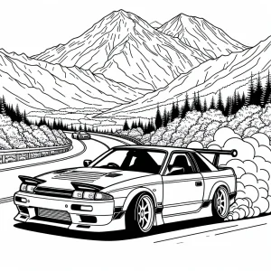 Retro JDM Drift Car coloring page – omalovánka auta driftujícího na horské silnici