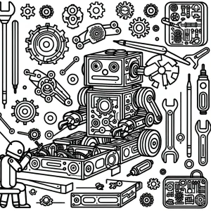 Omalovánka robota skládajícího ozubená kola a díly v dílně – coloring page pro děti