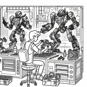 Robot staví lego mechy v moderní dílně plné techniky