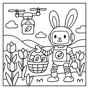Robotický králíček doručuje eco vajíčka dronem v údolí tulipánů – omalovánka zdarma k vybarvení