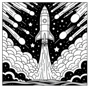Omalovánka rakety při startu s ohnivou stopou – coloring page zdarma pro děti