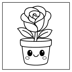 Kawaii růže v květináči – omalovánka k vytištění, coloring page pro děti zdarma