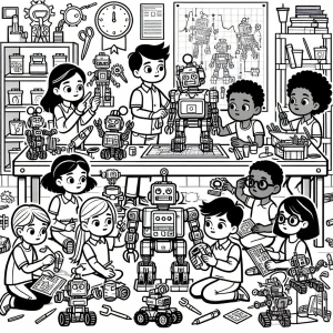 Omalovánka děti staví roboty ve STEM laboratoři, omalovánka zdarma k tisku