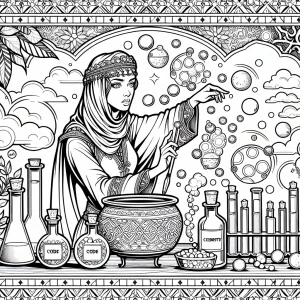 STEM čarodějka míchající lektvary kód a chemie v laboratoři – vědecká omalovánka zdarma