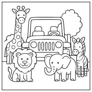 Safari jeep obklopený kartonovými zvířaty – omalovánka coloring page pro děti k vytištění zdarma