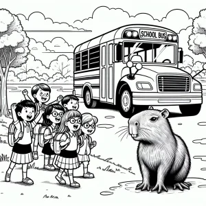 Omalovánka kapybary za volantem školního autobusu plného dětí – omalovánka k vytištění zdarma