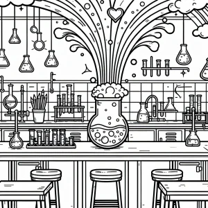 Omalovánka s chemickou baňkou a duhovou párou v laboratoři - coloring page zdarma k vytištění