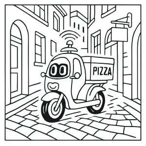 Omalovánka samořídící pizza skútr v evropské uličce – omalovánka zdarma k tisku