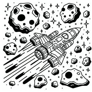 Omalovánka zdarma – vesmírná loď prolétající polem asteroidů, vhodná pro tisk a vybarvení.