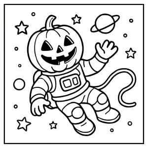 Omalovánka dýňového astronauta, který se vznáší ve vesmíru, ke stažení a vybarvení zdarma