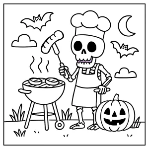Omalovánka zdarma s kostlivým kuchařem grilujícím jídlo – spooky barbecue coloring page
