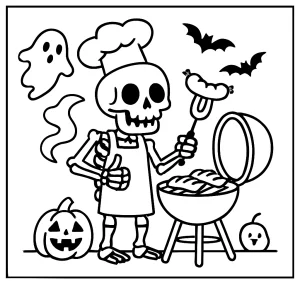 Omalovánka coloring page s kostlivcem kuchařem u grilu – zdarma ke stažení a vybarvení