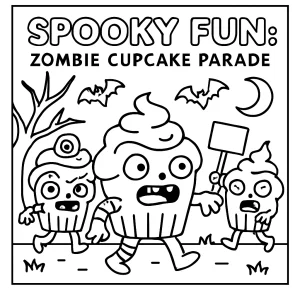 Strašidelný průvod zombie cupcaků – omalovánka pro děti k vytištění zdarma