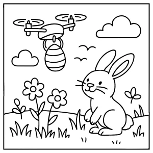 Omalovánka s jarní scénou – králíček doručuje vajíčka dronem, coloring page