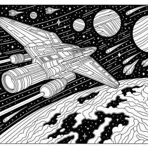 Omalovánka vesmírné lodi nad Zemí – coloring page k vytisknutí