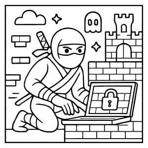 Omalovánka ninja programátora hackujícího digitální pevnost v retro herním světě k vybarvení
