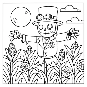 Steampunk strašák v hodinovém kukuřičném poli pod úplňkem – omalovánka ke stažení zdarma