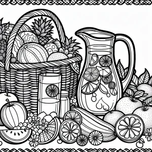 Letní piknik s ovocem a limonádou – omalovánka k vytisknutí zdarma