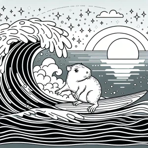 Omalovánka surfující kapybara při západu slunce – coloring page ke stažení a vytištění zdarma