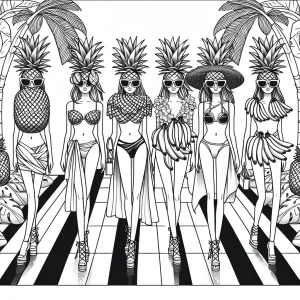 Tropické ovoce módní přehlídka omalovánka – coloring page s modely v ovocných doplňcích