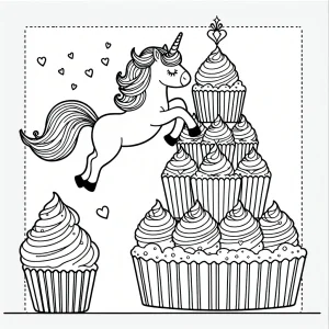 Jednorožec skáče z věže cupcakes, omalovánka zdarma k vytištění